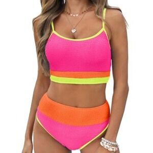 Fisoew Women Neon High Waist Textured Two Piece Swimsuit Size M